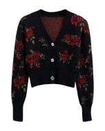 Charming Bouquet Buttoned Crop Cardigan in Black