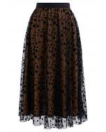 Velvet Snowflake Mesh Tulle Midi Skirt in Tan