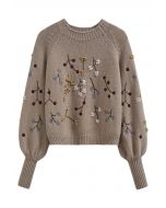 Beaded Embroidered Floral Crop Sweater