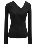 Crisscross Full Ribbed Knit Top in Black