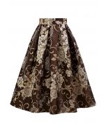 Florescent Jacquard A-Line Pleated Midi Skirt in Brown