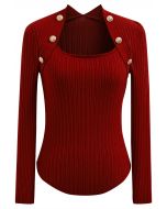 Button Embellished Square Neck Knit Top in Red