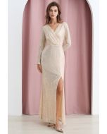 Darling Sequin Faux-Wrap High Slit Gown in Cream