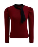 Gigot Sleeve Ribbon Adorned Knit Top in Red