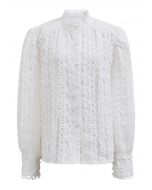 Exquisite Cutwork Bubble Sleeves Button-Up Shirt in White