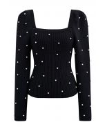 Pearl Adorned Square Neck Knit Top in Black