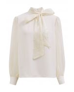 Pearly Bowknot Shiny Organza Spliced Top in Cream