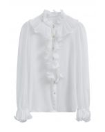 Ruffle Romance Chiffon Button-Up Shirt in White