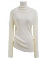 Side Pleat High Neck Ribbed Knit Top in Cream