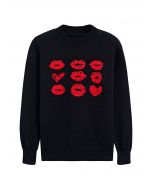 Red Lips Pattern Knit Sweater in Black