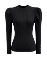 Modern Gigot Sleeves Rib Knit Top in Black