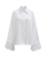 Lace Cuff Bell-Sleeve Satin Shirt in White