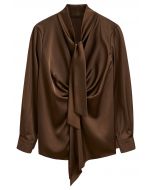 Tie Sash V-Neck Ruched Satin Top in Brown