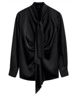 Tie Sash V-Neck Ruched Satin Top in Black