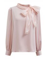 Self-Tie Bowknot Floral Brooch Satin Shirt in Pink