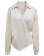 Pointed Collar Tie-Waist Satin Wrap Top in Cream