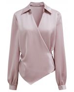 Pointed Collar Tie-Waist Satin Wrap Top in Pink