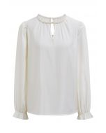 Pearl Neck V-Shape Cutout Top in Cream