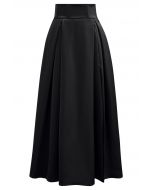 High-Slit Seamed Waist Pleated Satin Maxi Skirt in Black