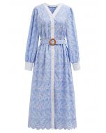 Dancing Floret Embroidered Button Down Dress in Baby Blue