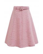 Shimmer Tweed Belted A-Line Midi Skirt in Pink