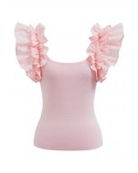 Romantic Ruffle Shoulder Knit Top in Pink