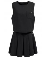 Chic Tweed Sleeveless Top and Pleated Mini Skirt Set in Black