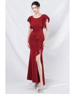 Glamorous Ruffle Trim Slit Mermaid Gown in Red