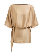 Boat Neck Tie-Waist Satin Top in Gold