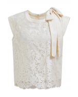 Embroidered Floral Pearly Bowknot Sleeveless Top in Cream