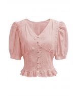 V-Neck Button Trim Eyelet Crop Top in Pink