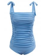 Full Ruched Tie-Shoulder Swimsuit in Dusty Blue