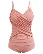 Crisscross Front Ruched One-Piece Swimsuit in Coral