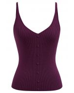 Button Decorated Ribbed Knit Tank Top in Purple