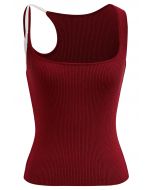 Contrast Asymmetric Straps Ribbed Knit Tank Top in Red