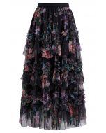 Fairy Dream Floral Ruffle Mesh Midi Skirt in Black