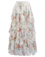 Fairy Dream Floral Ruffle Mesh Midi Skirt in White