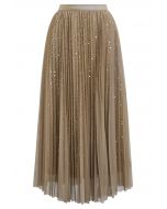 Glister Sequin Trim Mesh Tulle Maxi Skirt in Tan