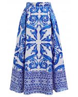 Blue Tile Jacquard Pleated A-Line Midi Skirt