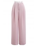 Lacy Waist Pleated Straight-Leg Pants in Pink