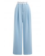 Lacy Waist Pleated Straight-Leg Pants in Blue