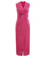 Cinched Waist Faux-Wrap Sheath Dress in Hot Pink