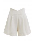 Stitches Waist Pleated Shorts in Ivory