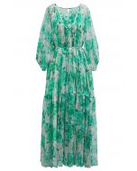 Gauzy Floral Print Bubble Sleeve Dolly Dress in Green