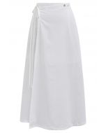 Buttoned Tie-Waist Split Flap Midi Skirt in White