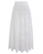 Embroidered Floral Cutwork Crochet Maxi Skirt in White