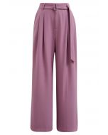 Belted Side Pocket Pleated Pants in Purple