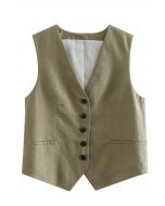 V-Neck Buttoned Down Linen-Blend Vest in Moss Green