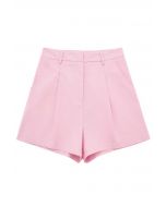 Side Pocket Pleated Linen-Blend Shorts in Pink