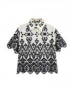 Geometric Floral Embroidered Scalloped Edge Buttoned Shirt